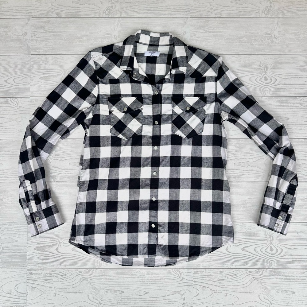 UNTUCKit Women’s Holden B&W Plaid Flannel Pearl Snap Long Sleeve Shirt | Size 6
